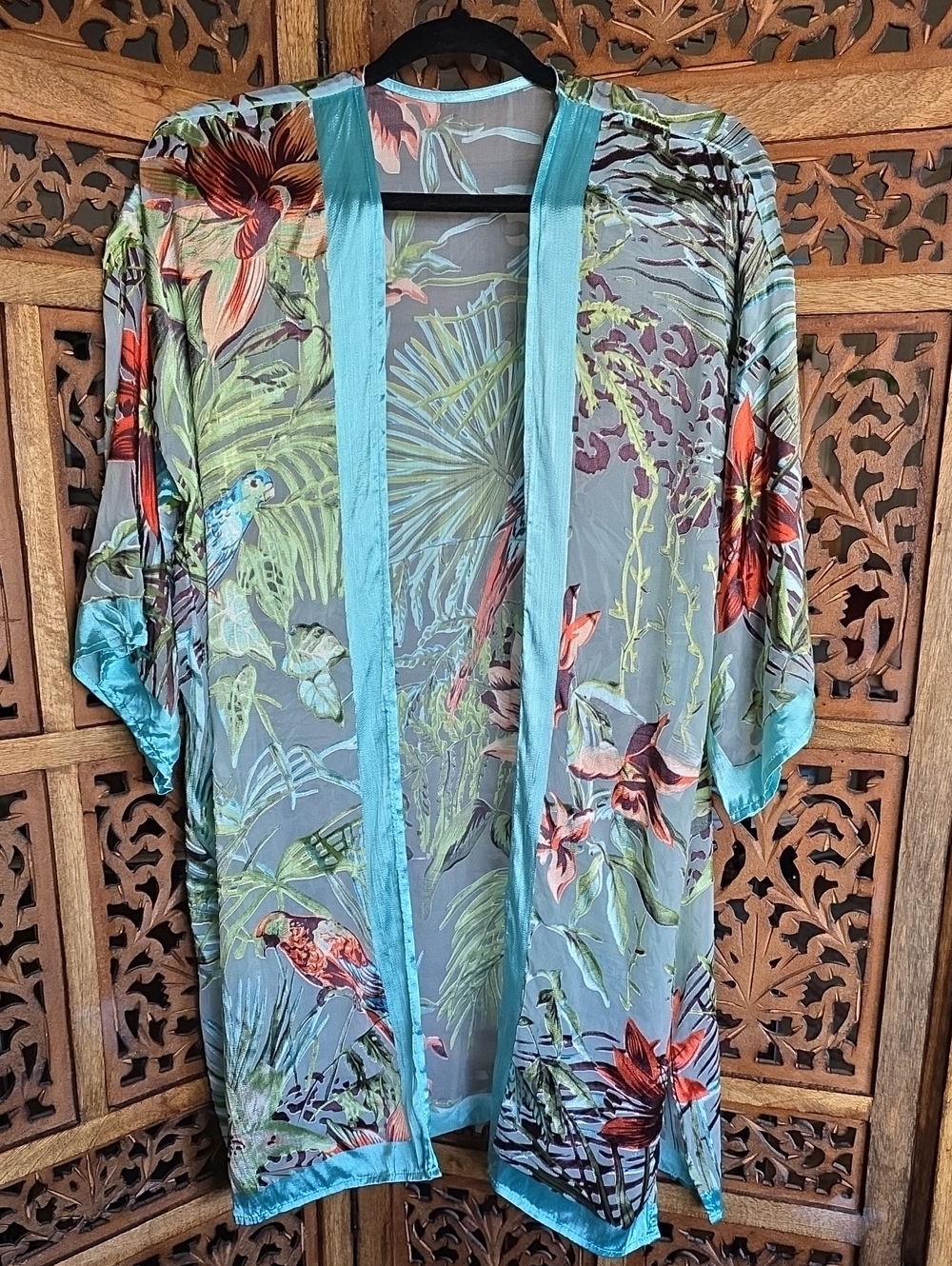 Chico's Tropical Floral Sheer Kimono with Turquoise Trim Size S/M